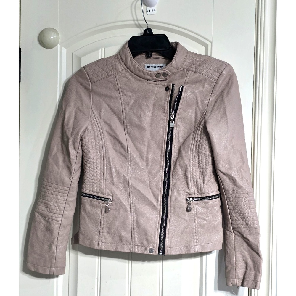 CoffeeShop Kids Full Cross Zip Mock Neck Faux-Leather Beige Biker Jacket Sz L